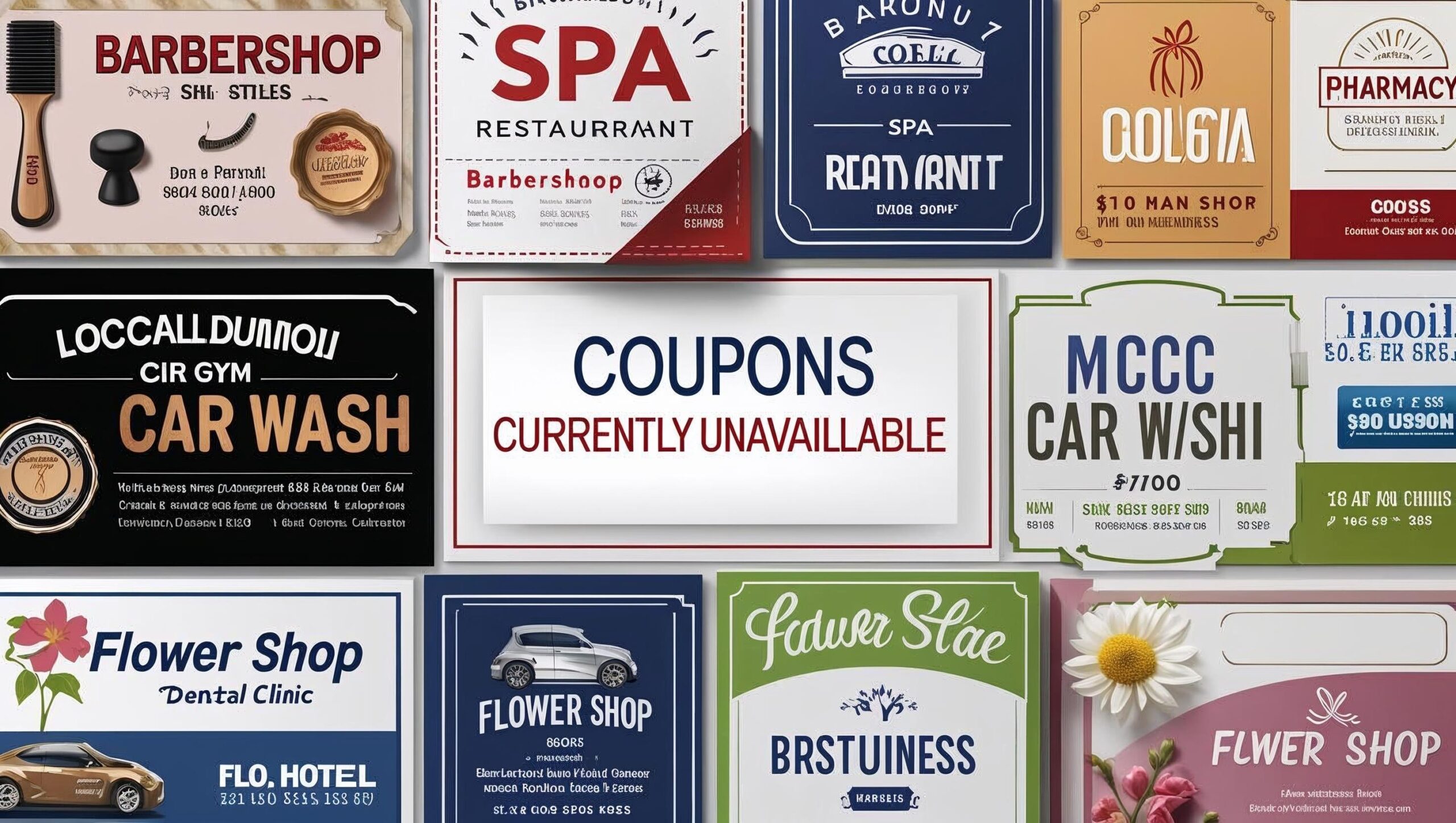 Create a image of different coupons Coupons Not Available right now